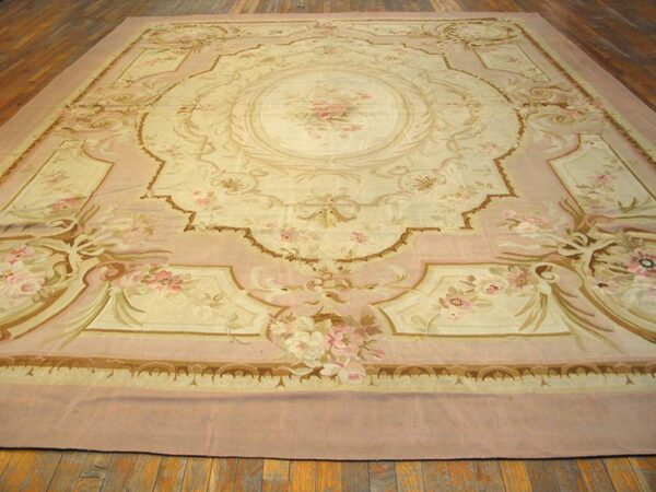 Antique french aubusson carpet 10'10"×15' ivory field, rose pink border, napoleon iii, circa 1880 - detail view 1