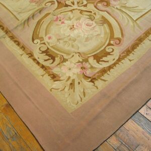 Antique French Aubusson Carpet 10'10"×15' Ivory Field, Rose Pink Border, Napoleon III, Circa 1880 - detail view 2