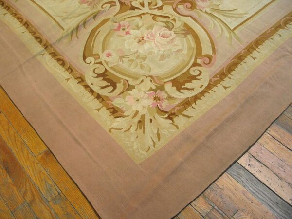 Antique french aubusson carpet 10'10"×15' ivory field, rose pink border, napoleon iii, circa 1880 - detail view 2
