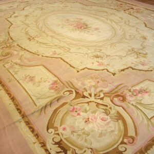 Antique French Aubusson Carpet 10'10"×15' Ivory Field, Rose Pink Border, Napoleon III, Circa 1880 - detail view 3
