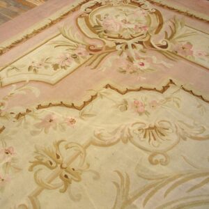 Antique French Aubusson Carpet 10'10"×15' Ivory Field, Rose Pink Border, Napoleon III, Circa 1880 - detail view 5