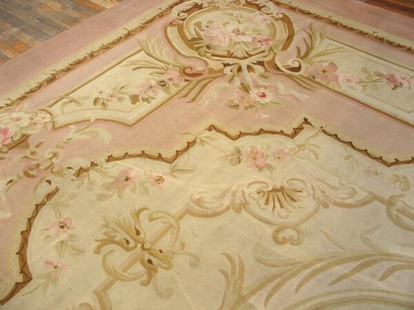 Antique french aubusson carpet 10'10"×15' ivory field, rose pink border, napoleon iii, circa 1880 - detail view 5
