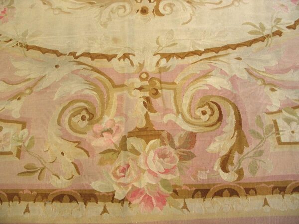 Antique french aubusson carpet 10'10"×15' ivory field, rose pink border, napoleon iii, circa 1880 - detail view 6