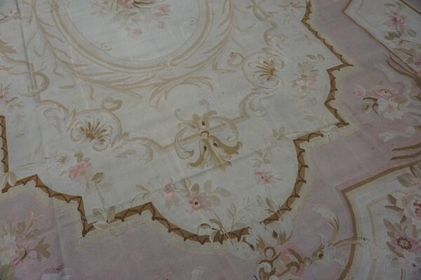 Antique french aubusson carpet 10'10"×15' ivory field, rose pink border, napoleon iii, circa 1880 - detail view 7