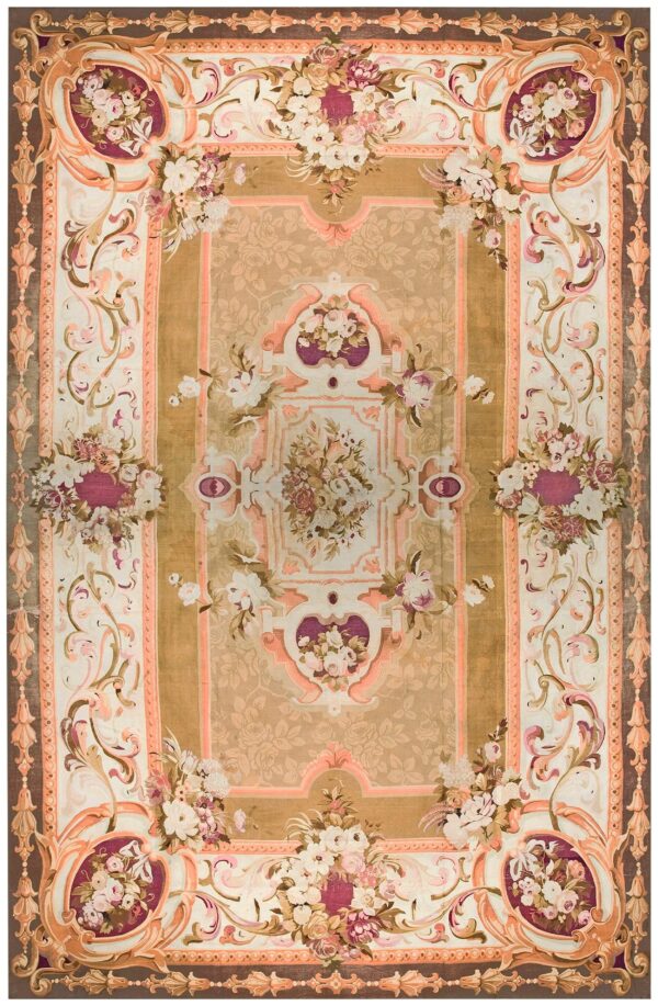 Antique french aubusson carpet 15'6"×22' olive floral, napoleon iii, circa 1870