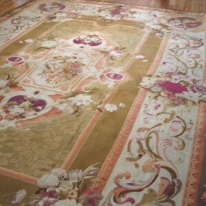 Antique French Aubusson Carpet 15'6"×22' Olive Floral, Napoleon III, Circa 1870 - detail view 1