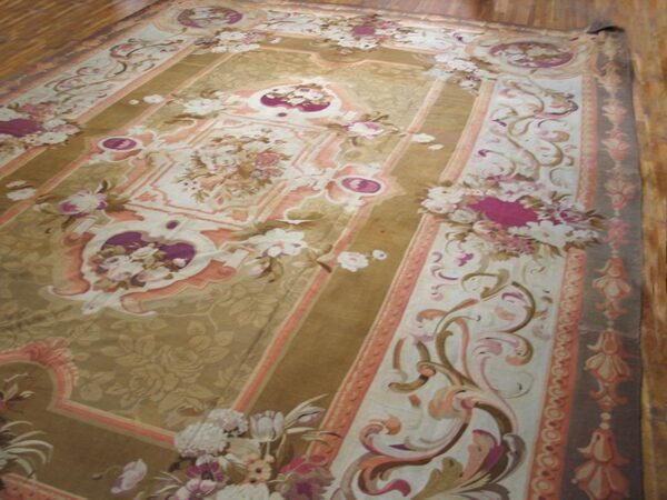 Antique french aubusson carpet 15'6"×22' olive floral, napoleon iii, circa 1870 - detail view 1