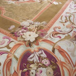 Antique French Aubusson Carpet 15'6"×22' Olive Floral, Napoleon III, Circa 1870 - detail view 2