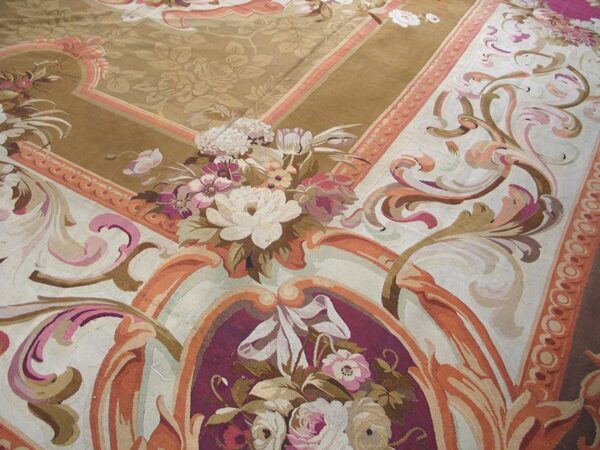 Antique french aubusson carpet 15'6"×22' olive floral, napoleon iii, circa 1870 - detail view 2