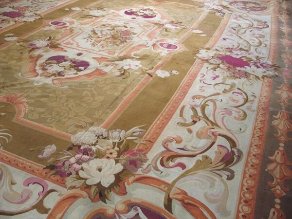 Antique french aubusson carpet 15'6"×22' olive floral, napoleon iii, circa 1870 - detail view 3