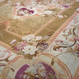 Antique French Aubusson Carpet 15'6"×22' Olive Floral, Napoleon III, Circa 1870 - detail view 4