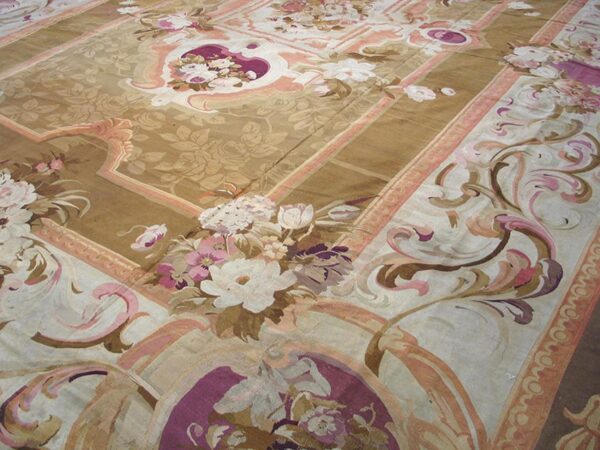 Antique french aubusson carpet 15'6"×22' olive floral, napoleon iii, circa 1870 - detail view 4