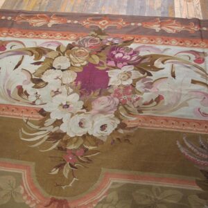 Antique French Aubusson Carpet 15'6"×22' Olive Floral, Napoleon III, Circa 1870 - detail view 5
