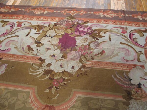 Antique french aubusson carpet 15'6"×22' olive floral, napoleon iii, circa 1870 - detail view 5