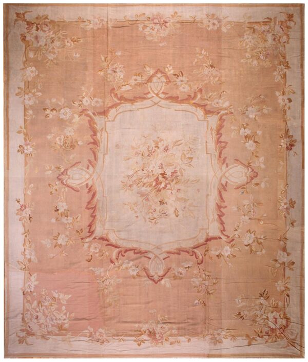 Antique french aubusson carpet 15'×18' salmon & ivory, napoleon iii period, circa 1880 1 Antique french aubusson carpet 15'×18' salmon & ivory, napoleon iii period, circa 1880