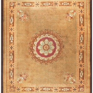 Antique French Empire Aubusson Carpet 11'×12'10" Olive Field, Chocolate Brown Border, Circa 1820