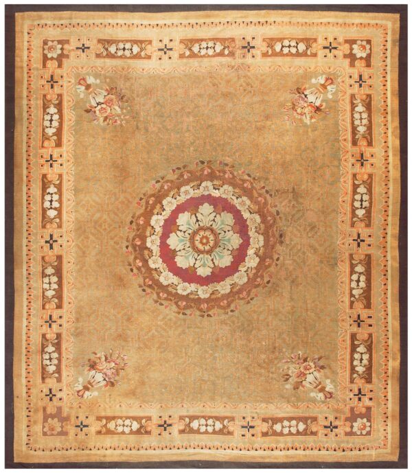 Antique french empire aubusson carpet 11'×12'10" olive field, chocolate brown border, circa 1820