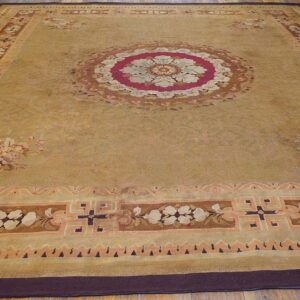 Antique French Empire Aubusson Carpet 11'×12'10" Olive Field, Chocolate Brown Border, Circa 1820 - detail view 1