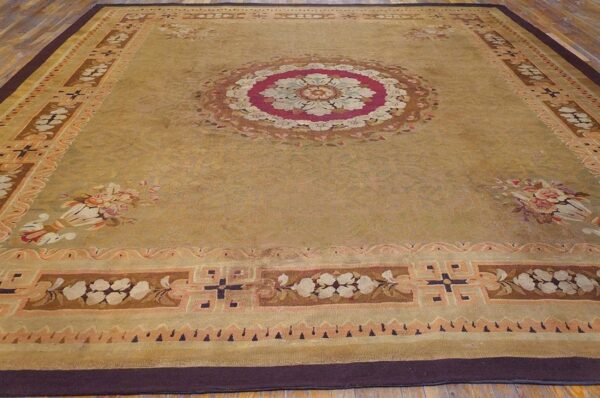 Antique french empire aubusson carpet 11'×12'10" olive field, chocolate brown border, circa 1820 - detail view 1