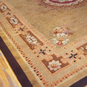 Antique French Empire Aubusson Carpet 11'×12'10" Olive Field, Chocolate Brown Border, Circa 1820 - detail view 2