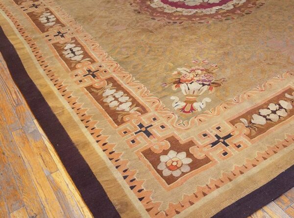 Antique french empire aubusson carpet 11'×12'10" olive field, chocolate brown border, circa 1820 - detail view 2
