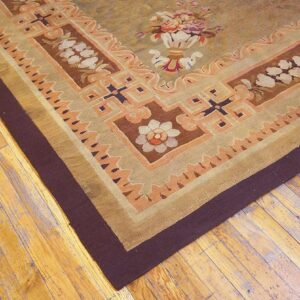 Antique French Empire Aubusson Carpet 11'×12'10" Olive Field, Chocolate Brown Border, Circa 1820 - detail view 3
