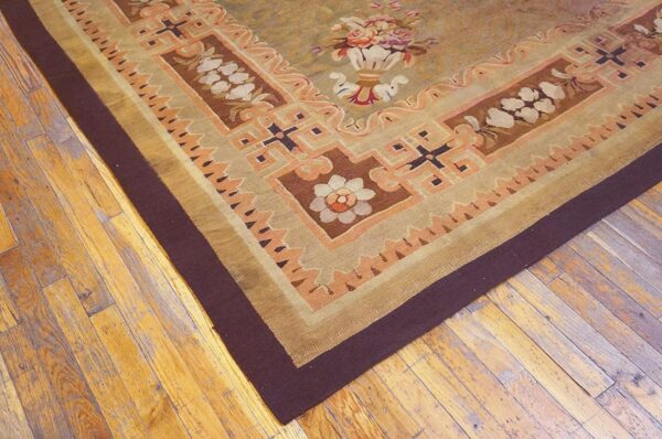 Antique french empire aubusson carpet 11'×12'10" olive field, chocolate brown border, circa 1820 - detail view 3
