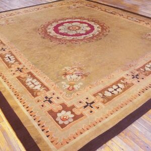 Antique French Empire Aubusson Carpet 11'×12'10" Olive Field, Chocolate Brown Border, Circa 1820 - detail view 4