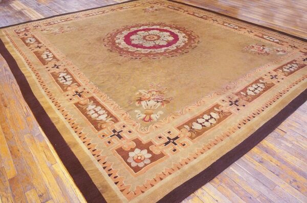Antique french empire aubusson carpet 11'×12'10" olive field, chocolate brown border, circa 1820 - detail view 4