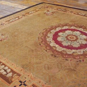 Antique French Empire Aubusson Carpet 11'×12'10" Olive Field, Chocolate Brown Border, Circa 1820 - detail view 5