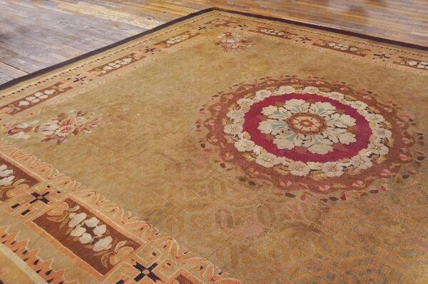 Antique french empire aubusson carpet 11'×12'10" olive field, chocolate brown border, circa 1820 - detail view 5