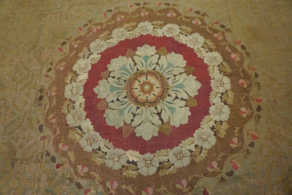 Antique french empire aubusson carpet 11'×12'10" olive field, chocolate brown border, circa 1820 - detail view 6