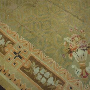 Antique French Empire Aubusson Carpet 11'×12'10" Olive Field, Chocolate Brown Border, Circa 1820 - detail view 7