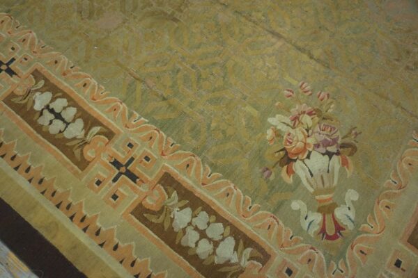 Antique french empire aubusson carpet 11'×12'10" olive field, chocolate brown border, circa 1820 - detail view 7