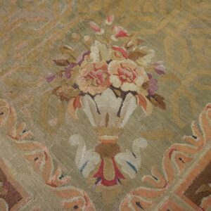 Antique French Empire Aubusson Carpet 11'×12'10" Olive Field, Chocolate Brown Border, Circa 1820 - detail view 8