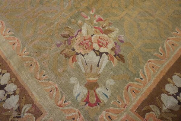 Antique french empire aubusson carpet 11'×12'10" olive field, chocolate brown border, circa 1820 - detail view 8