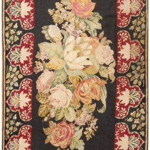 Antique French Needlepoint Carpet 5'2"×8'8" Black with Roses, Raspberry Border, Circa 1890