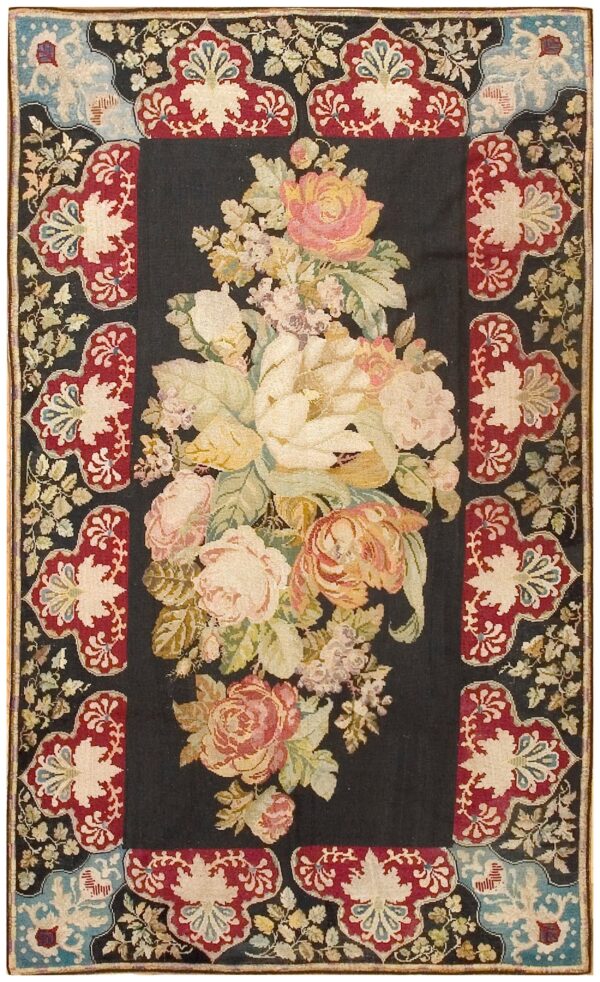 Antique french needlepoint carpet 5'2"×8'8" black with roses, raspberry border, circa 1890
