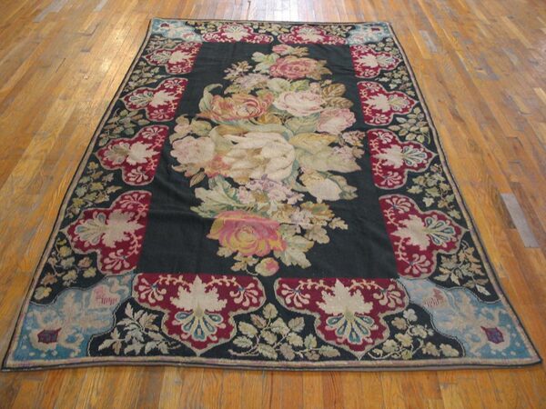Antique french needlepoint carpet 5'2"×8'8" black with roses, raspberry border, circa 1890 - detail view 1