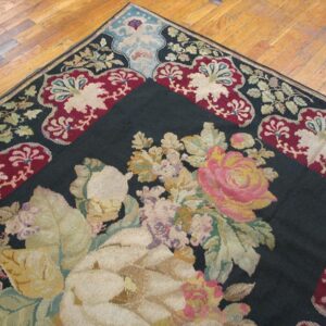 Antique French Needlepoint Carpet 5'2"×8'8" Black with Roses, Raspberry Border, Circa 1890 - detail view 2