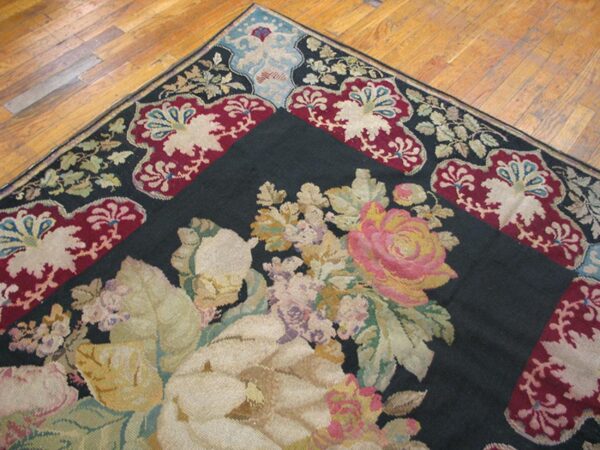 Antique french needlepoint carpet 5'2"×8'8" black with roses, raspberry border, circa 1890 - detail view 2
