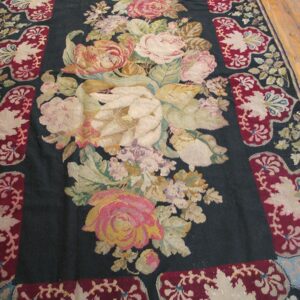 Antique French Needlepoint Carpet 5'2"×8'8" Black with Roses, Raspberry Border, Circa 1890 - detail view 3