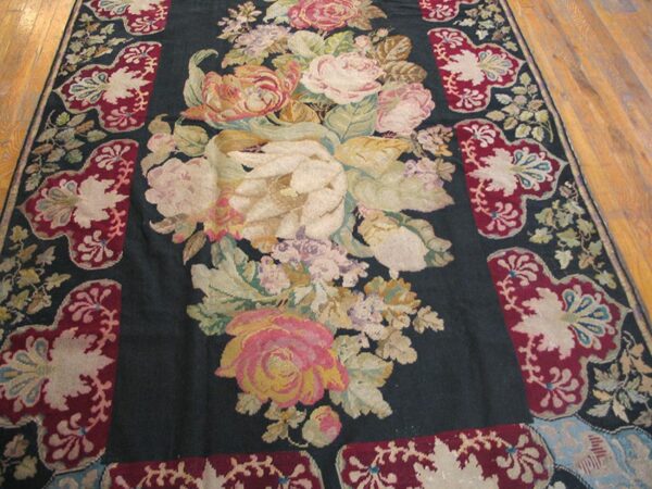 Antique french needlepoint carpet 5'2"×8'8" black with roses, raspberry border, circa 1890 - detail view 3