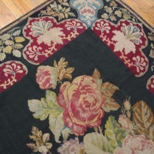 Antique French Needlepoint Carpet 5'2"×8'8" Black with Roses, Raspberry Border, Circa 1890 - detail view 4