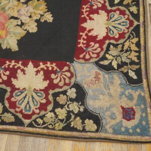 Antique French Needlepoint Carpet 5'2"×8'8" Black with Roses, Raspberry Border, Circa 1890 - detail view 5