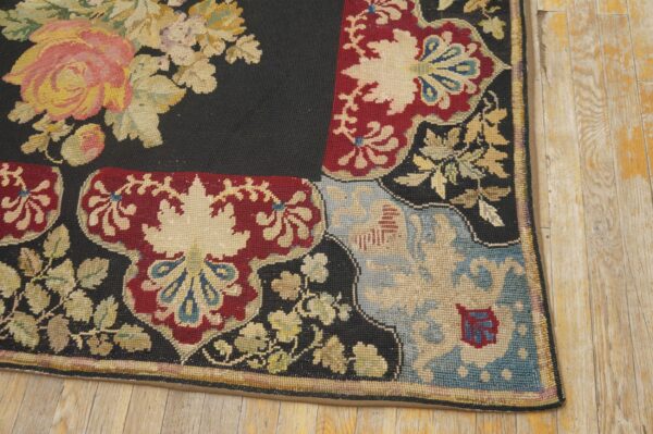 Antique french needlepoint carpet 5'2"×8'8" black with roses, raspberry border, circa 1890 - detail view 5