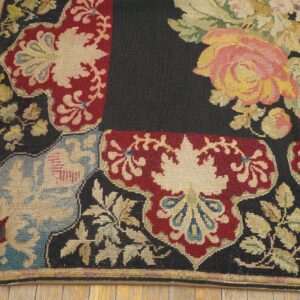 Antique French Needlepoint Carpet 5'2"×8'8" Black with Roses, Raspberry Border, Circa 1890 - detail view 6