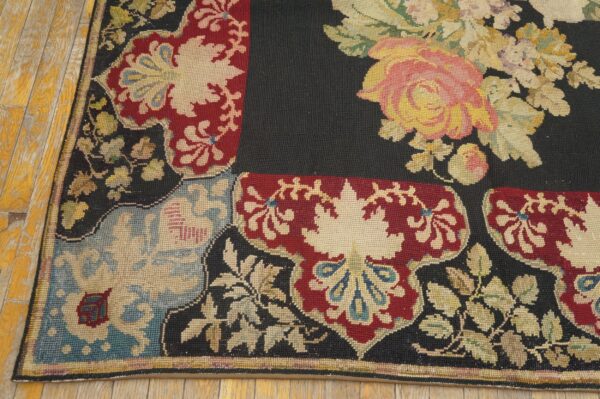 Antique french needlepoint carpet 5'2"×8'8" black with roses, raspberry border, circa 1890 - detail view 6