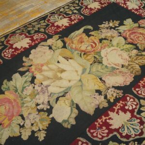 Antique French Needlepoint Carpet 5'2"×8'8" Black with Roses, Raspberry Border, Circa 1890 - detail view 7
