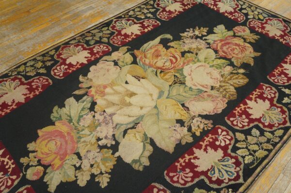 Antique french needlepoint carpet 5'2"×8'8" black with roses, raspberry border, circa 1890 - detail view 7